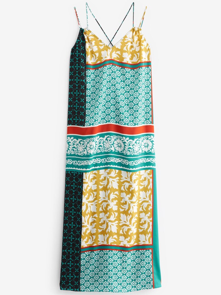 Blue/Yellow Print V-Neck Satin Cami Midi Dress - Image 4 of 4