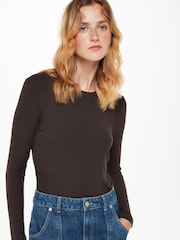 Whistles Brown Essential Ribbed Crew T-Shirt - Image 1 of 5