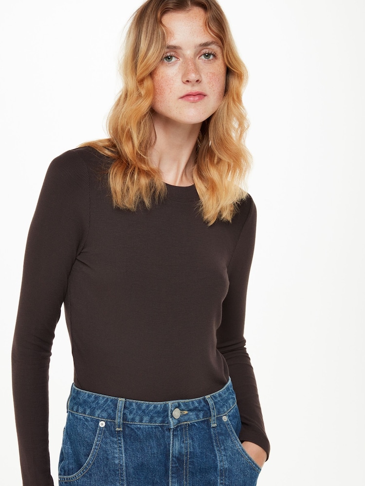 Whistles Brown Essential Ribbed Crew T-Shirt - Image 1 of 5