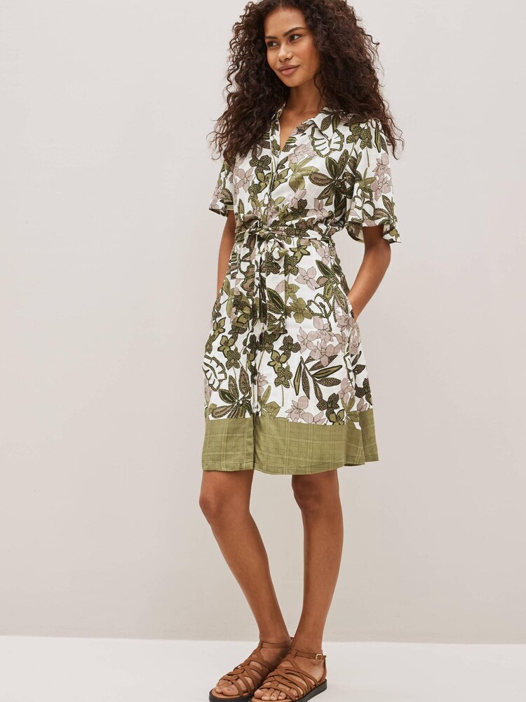 Green Floral Mini Angel Sleeve Shirt Dress - Image 1 of 5