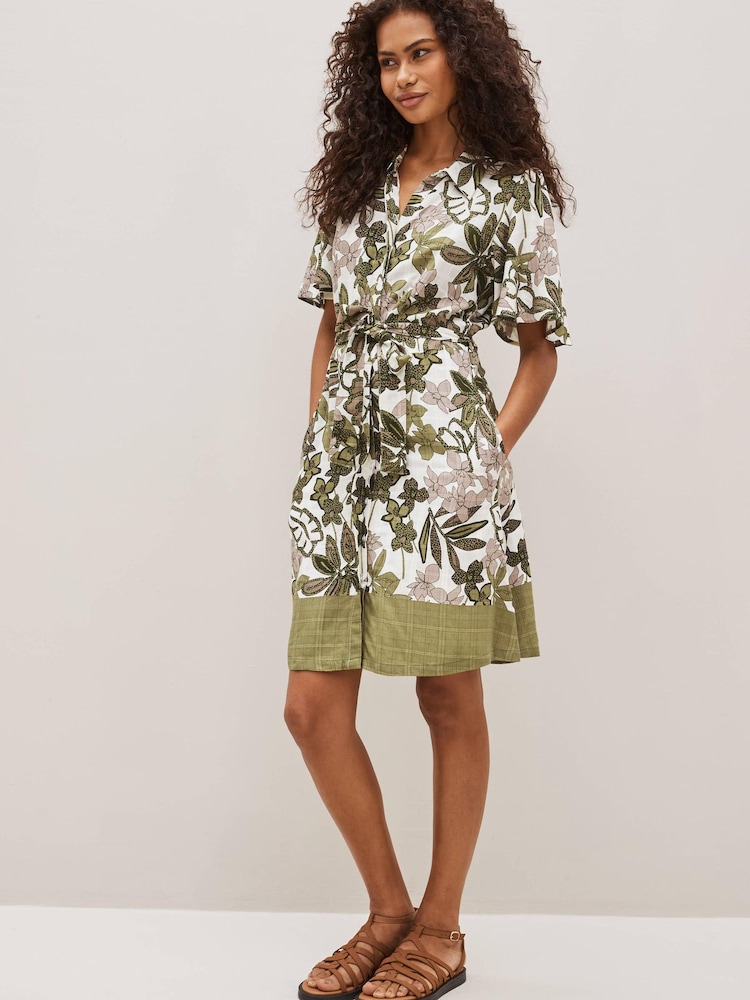 Green Floral Mini Angel Sleeve Shirt Dress - Image 1 of 5 Green Floral Mini Angel Sleeve Shirt Dress - Image 1 of 5