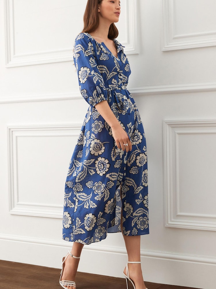 Blau mit floralem Muster - Midi-Hemdkleid aus 100 % Baumwolle - Bild 1 von 5