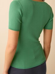 Bright Green Ribbed Corset Detail Sweetheart Neck Knit Top - Image 3 of 5