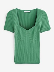 Bright Green Ribbed Corset Detail Sweetheart Neck Knit Top - Image 5 of 5