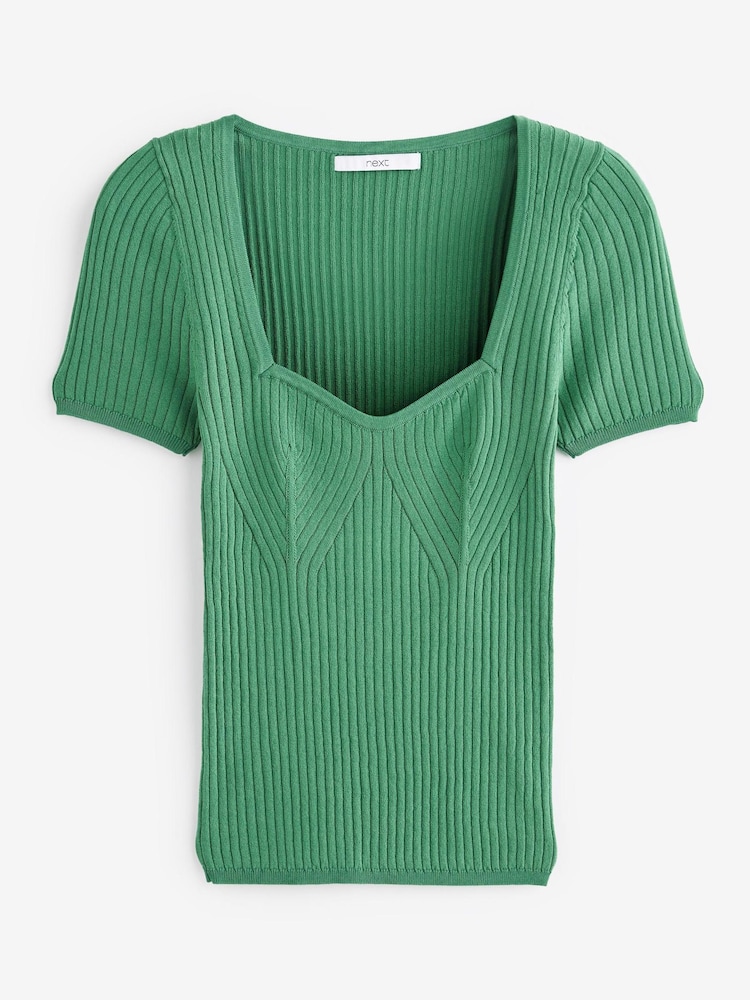 Bright Green Ribbed Corset Detail Sweetheart Neck Knit Top - Image 5 of 5