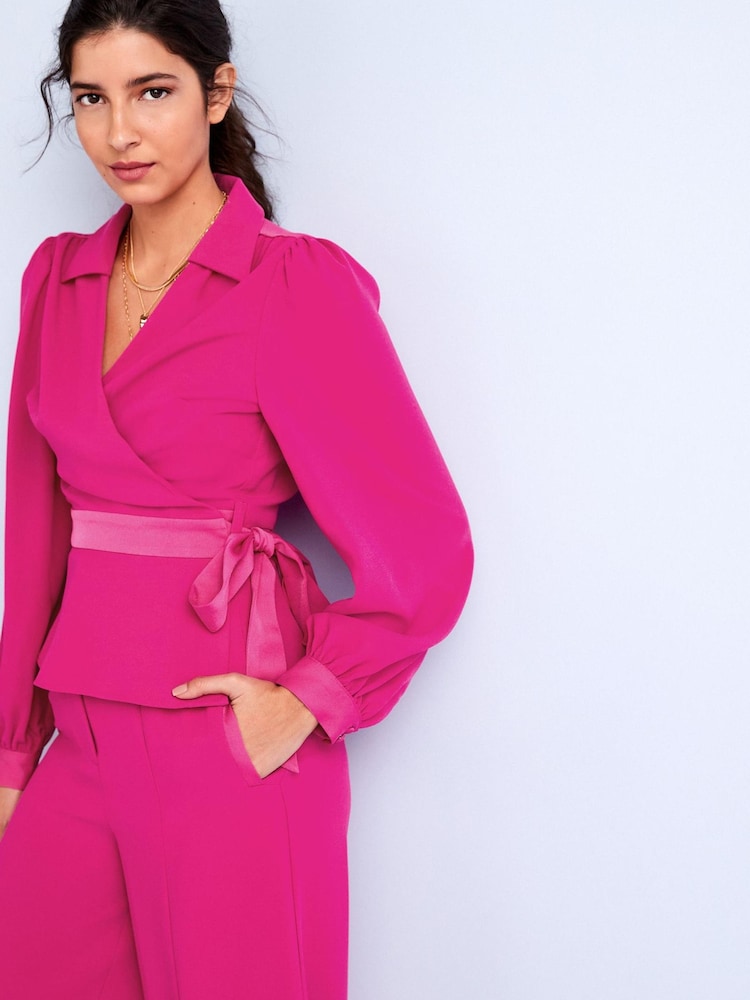 Pink Crepe Wrap Top - Image 1 of 5 Pink Crepe Wrap Top - Image 1 of 5
