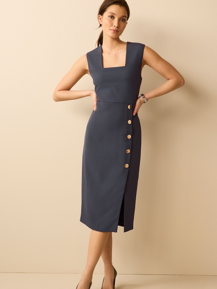 Navy Blue Tailored Midi Pencil Dress - Image 1 of 5