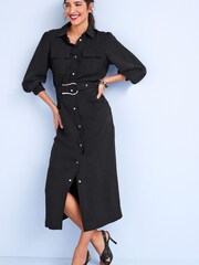 Black Belted Button Down Shirt Dress - Image 1 of 5