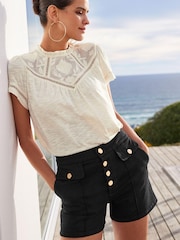 Black Gold Button Detail Denim Shorts - Image 1 of 4