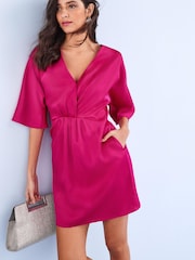 Pink Satin Draped Mini Dress - Image 1 of 5