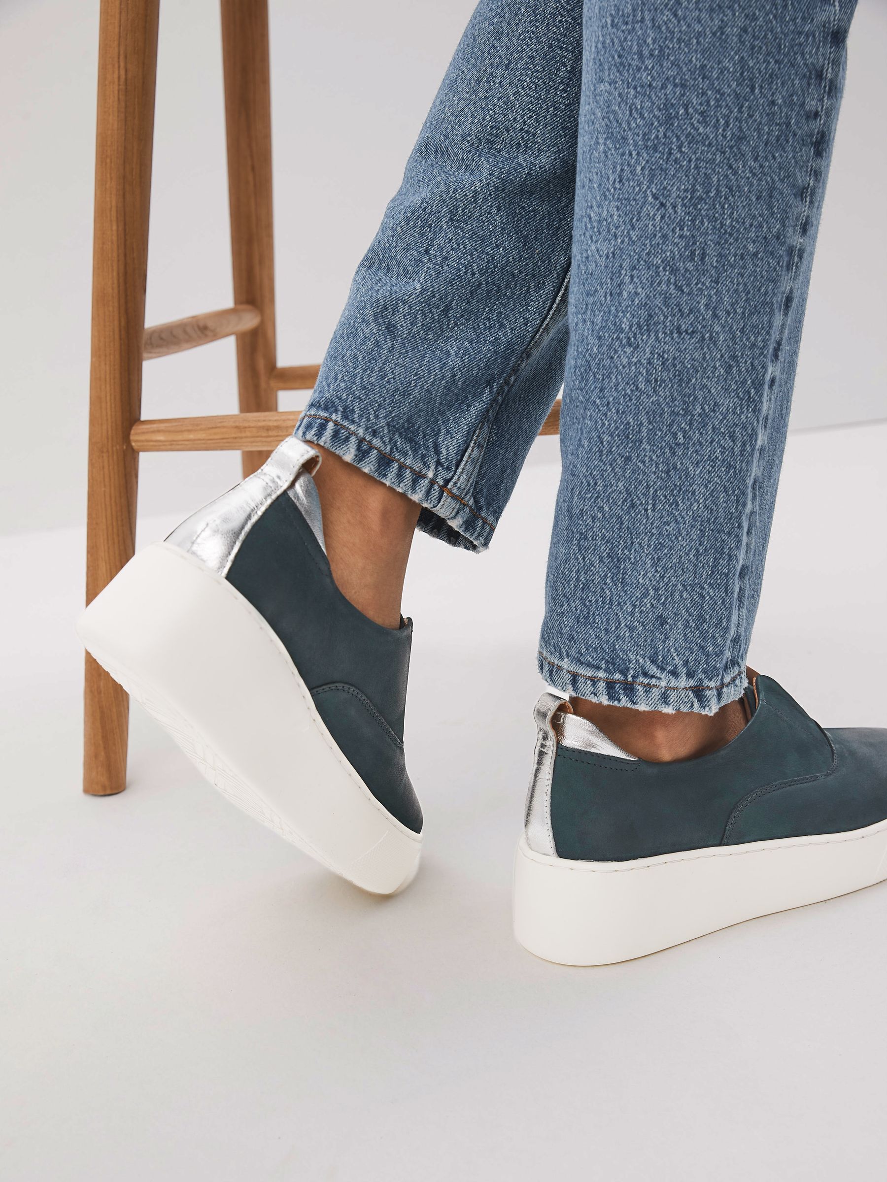 Teal Blue Slip On Signature Forever Comfort Leather Suede Chunky Wedge Platform Trainers