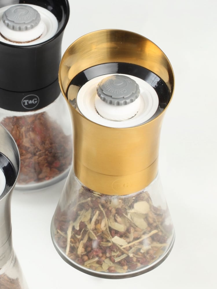 T&G Gold Spice Mill with Deco Gold Top & Glass Base - Image 1 of 2