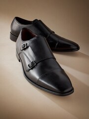 Black Signature Italian Leather Double Monk Shoes - Image 3 of 6