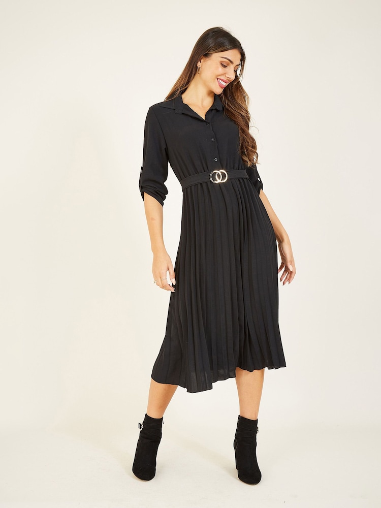 Mela Black Pleated Skirt Midi Shirt Dress - Image 1 of 4