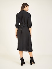 Mela Black Pleated Skirt Midi Shirt Dress - Image 2 of 4