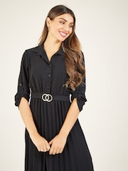 Mela Black Pleated Skirt Midi Shirt Dress - Image 3 of 4
