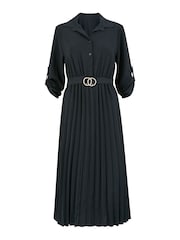 Mela Black Pleated Skirt Midi Shirt Dress - Image 4 of 4
