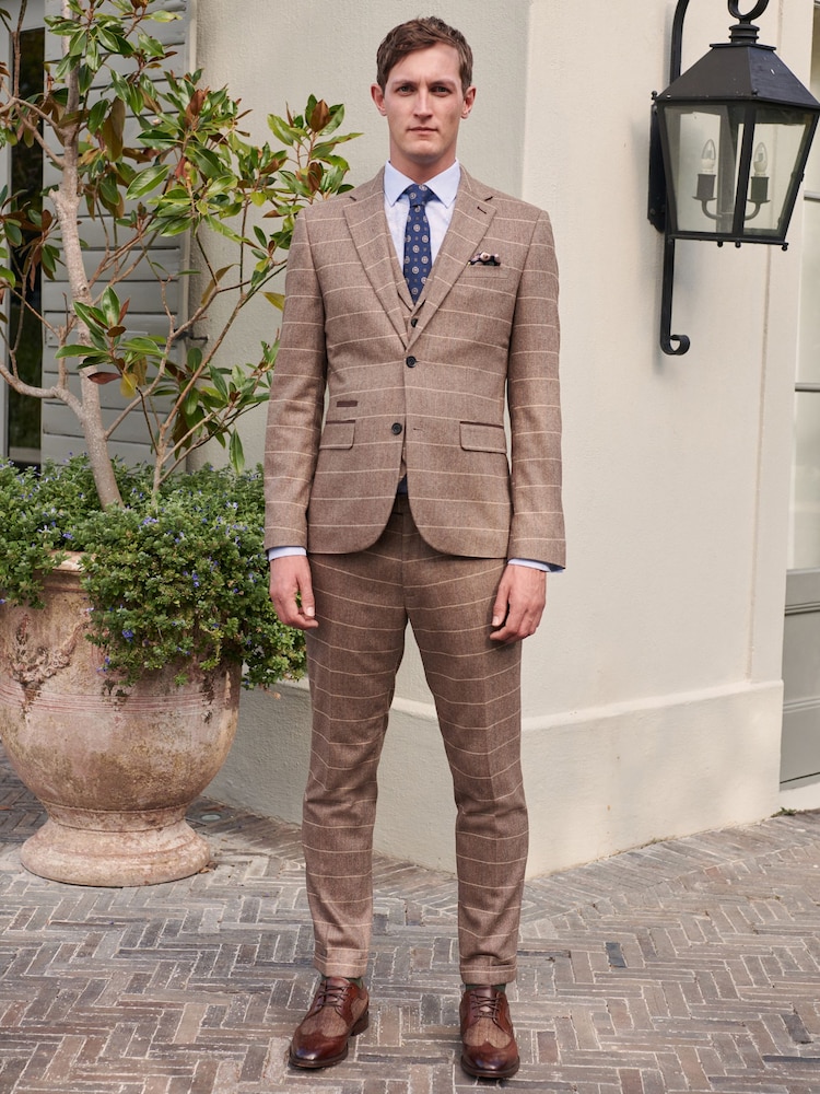 Neutral Skinny Wool Blend Check Suit Jacket - Image 2 of 11