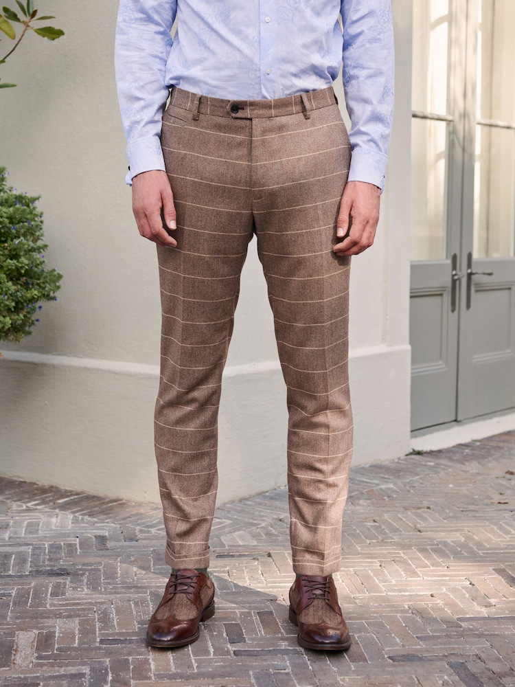 Neutral Skinny Wool Blend Check Suit: Trousers - Image 1 of 12