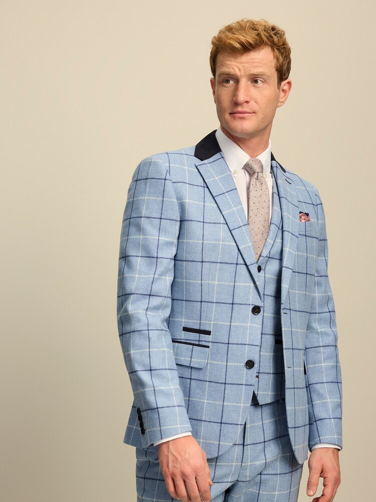 Blue Slim Wool Blend Check Suit Jacket - Image 1 of 8