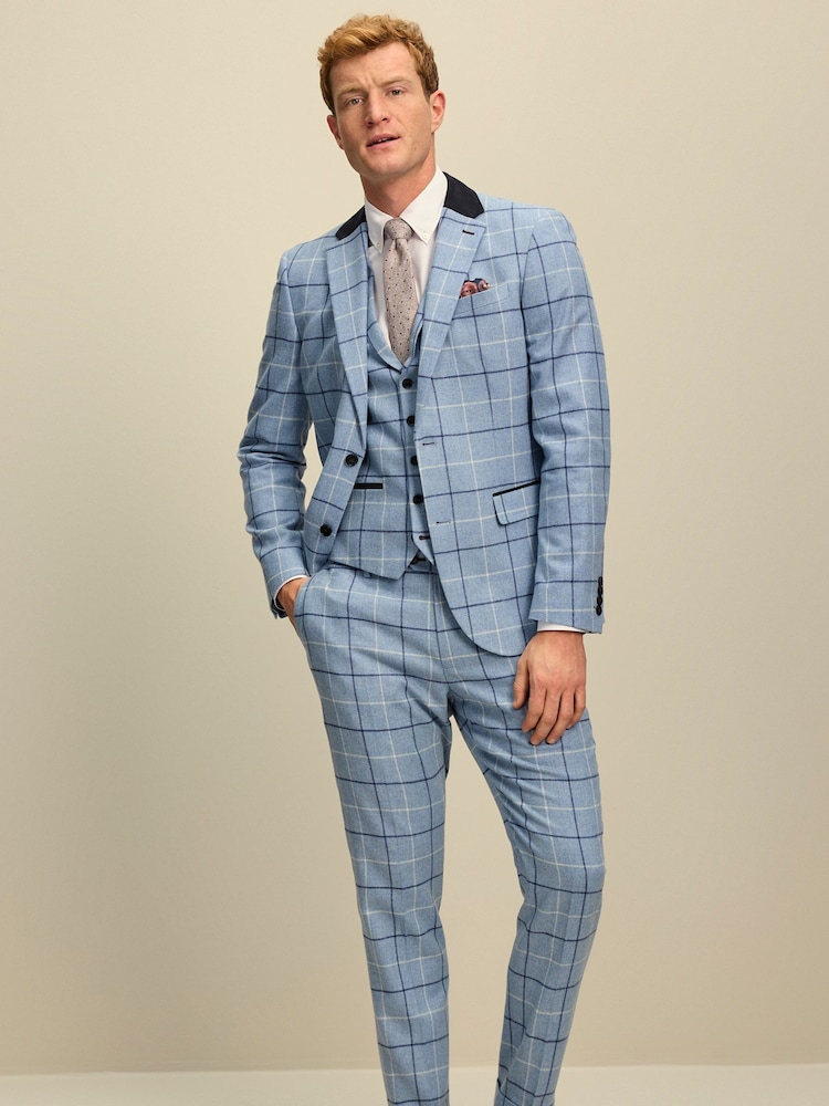 Blue Slim Wool Blend Check Suit Jacket - Image 2 of 8 Blue Slim Wool Blend Check Suit Jacket - Image 2 of 8
