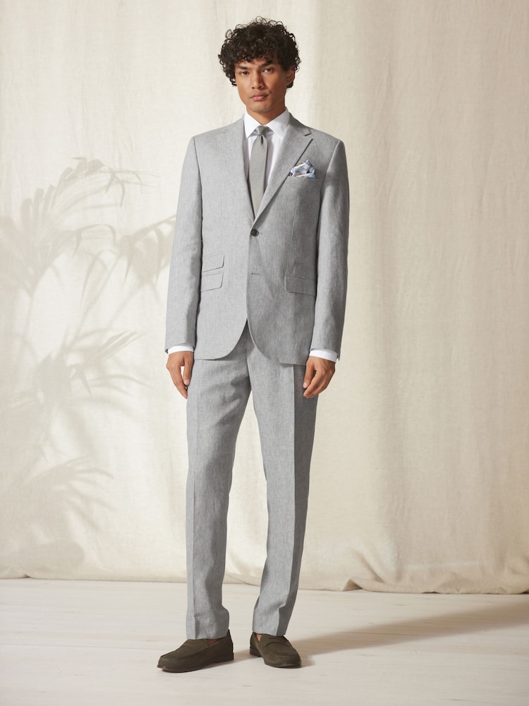 Light Grey Tailored Fit Linen Blend Suit Jacket - Image 2 of 13