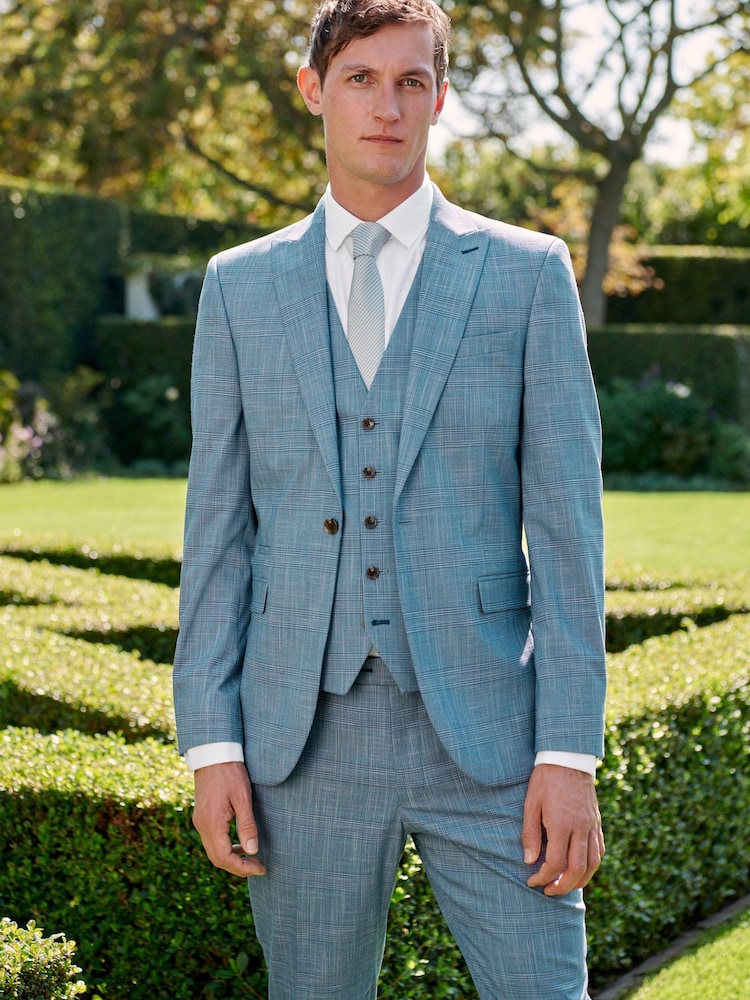 Blue Slim Fit Check Suit Jacket - Image 1 of 12
