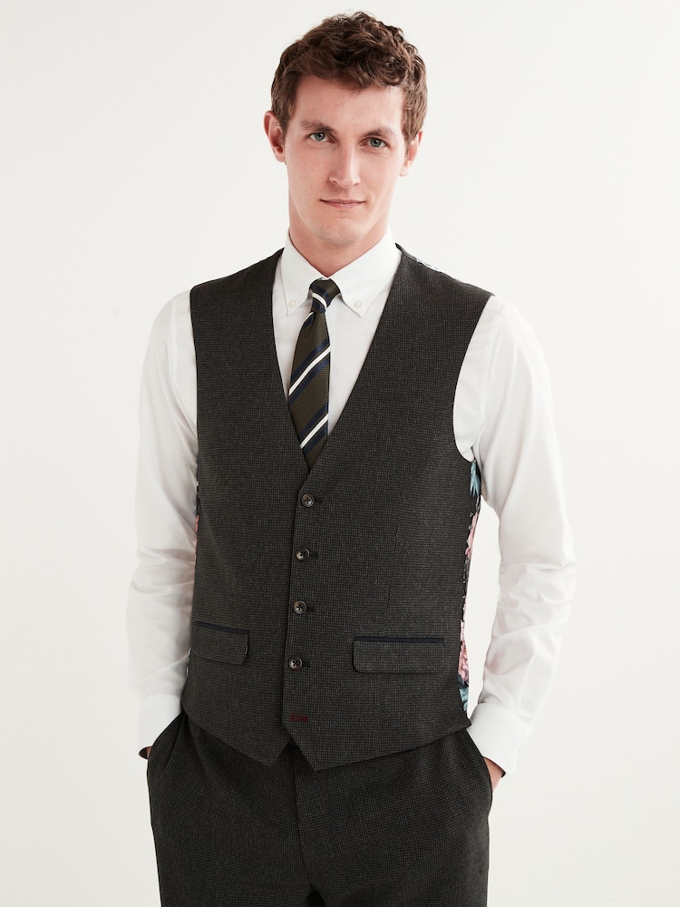 Charcoal Grey Regular Fit Puppytooth Fabric Suit Waistcoat - Image 1 of 11