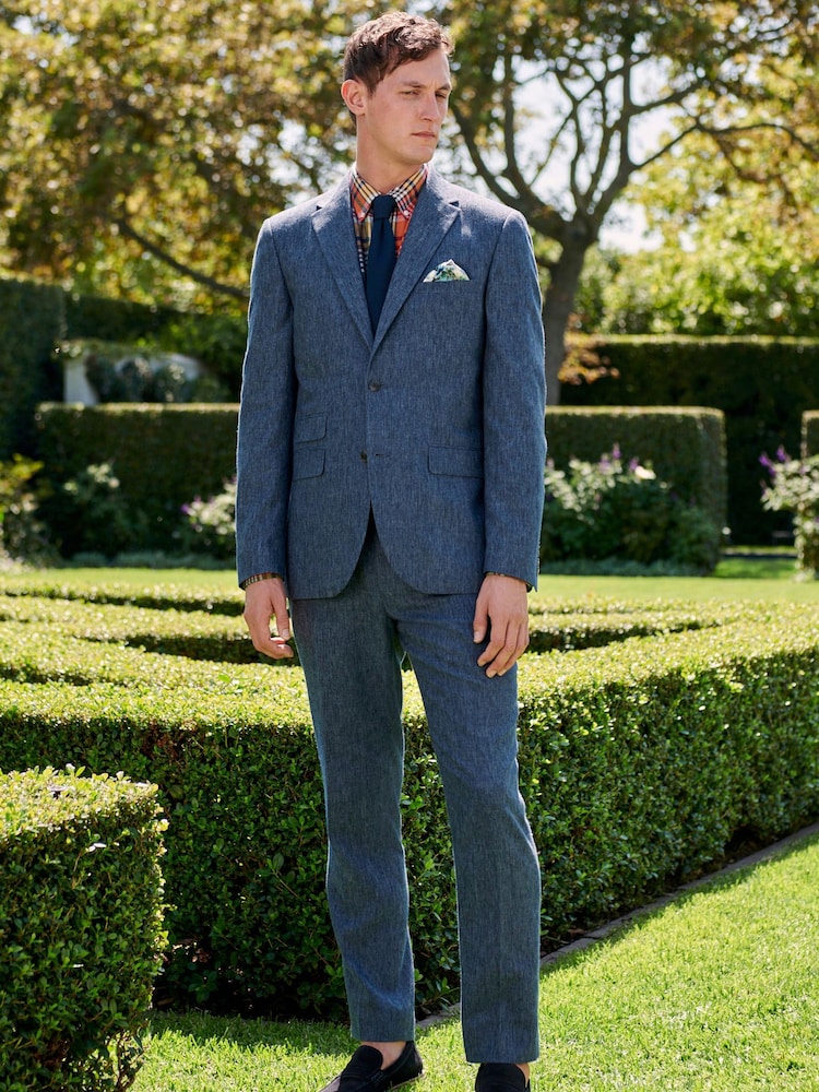 Navy Tailored Fit Linen Blend Suit Jacket - Image 2 of 11