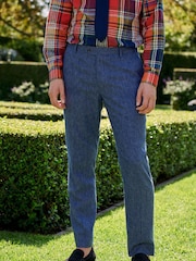 Navy Tailored Fit Linen Blend Suit: Trousers - Image 1 of 8