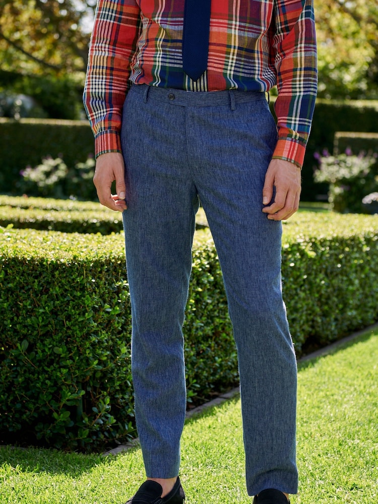 Navy Tailored Fit Linen Blend Suit: Trousers - Image 1 of 8