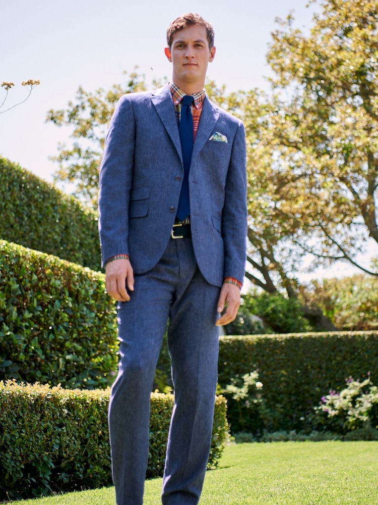 Navy Tailored Fit Linen Blend Suit: Trousers - Image 2 of 8