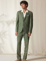 Green Tailored Fit Linen Blend Suit Jacket - Image 2 of 11