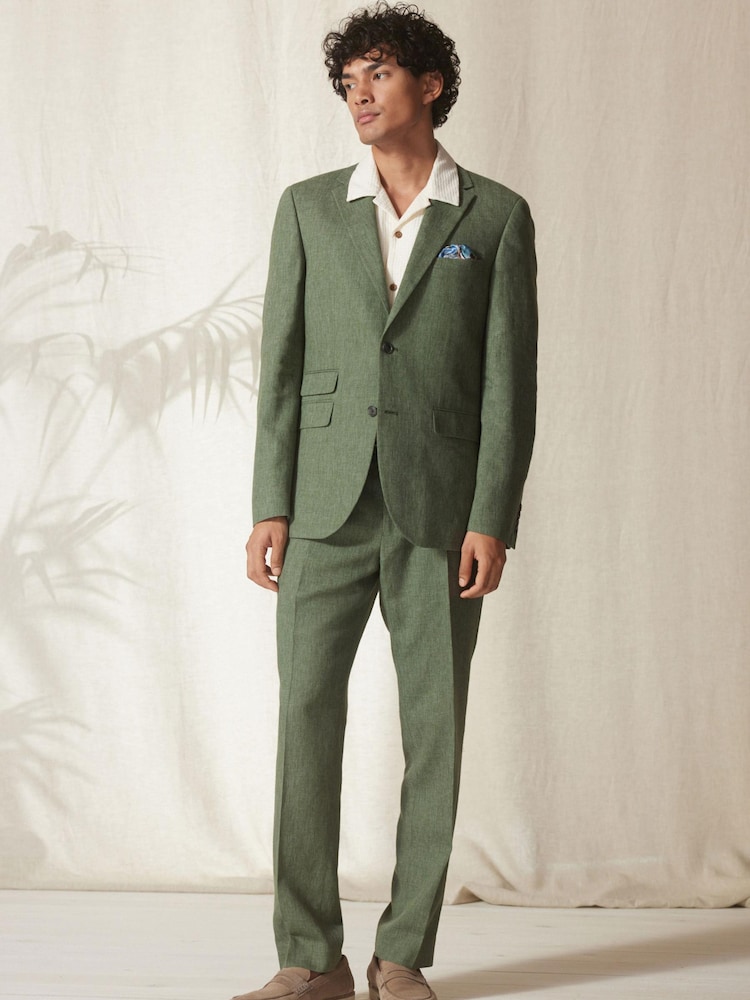 Green Tailored Fit Linen Blend Suit Jacket - Image 2 of 11