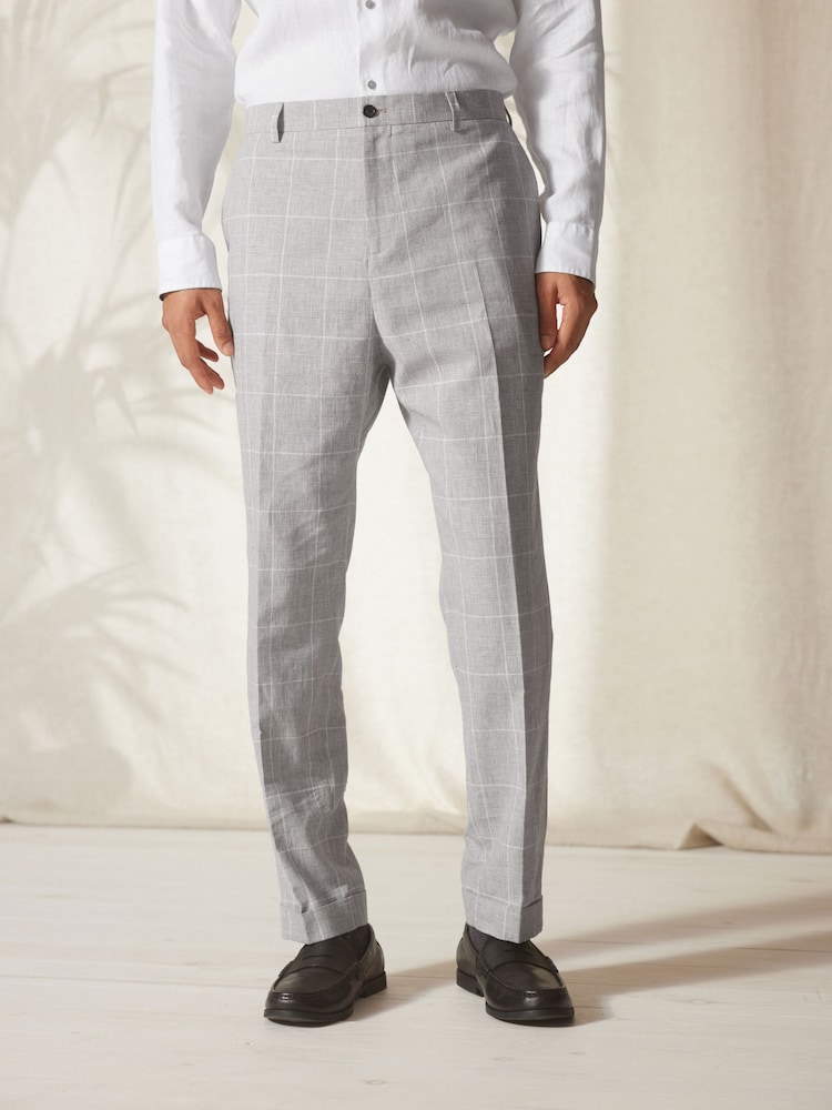 Light Grey Slim Fit Linen Blend Check Suit: Trousers - Image 1 of 10