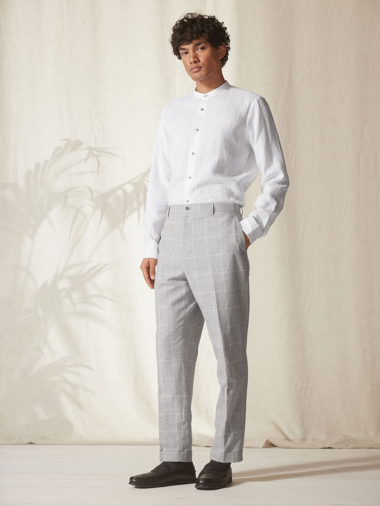 Light Grey Slim Fit Linen Blend Check Suit: Trousers - Image 2 of 10