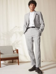 Light Grey Slim Fit Linen Blend Check Suit: Trousers - Image 3 of 10