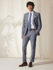 Blue Slim Fit Linen Blend Check Suit: Trousers - Image 3 of 10