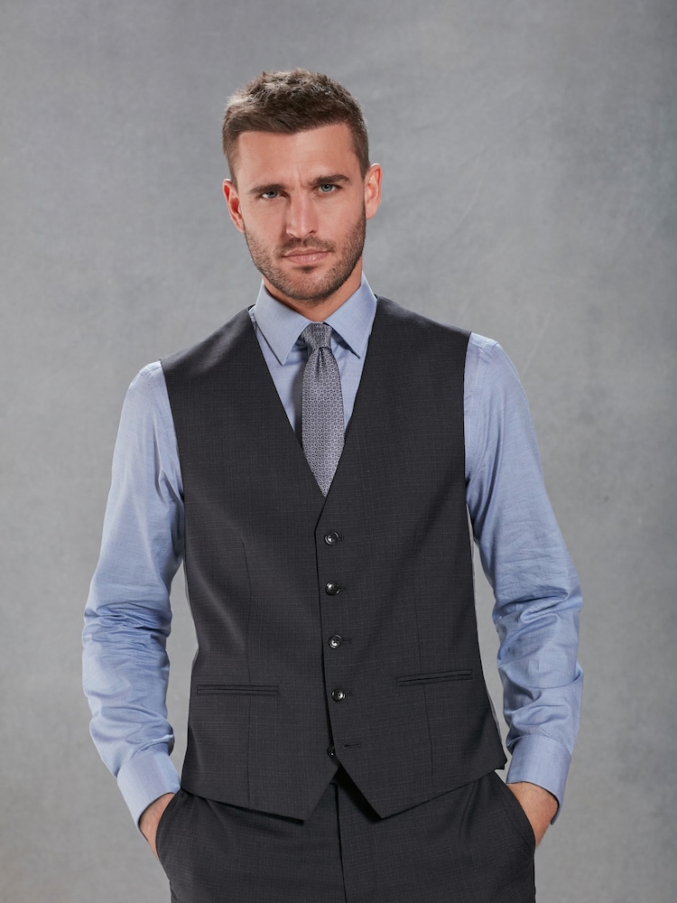 Navy Blue Slim Fit Signature Marzotto Italian Fabric Textured Suit Waistcoat - Image 1 of 10
