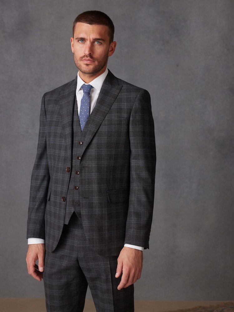 Charcoal Grey Slim Charcoal Grey Slim Signature Marzotto Italian Fabric Check Suit Jacket - Image 1 of 11