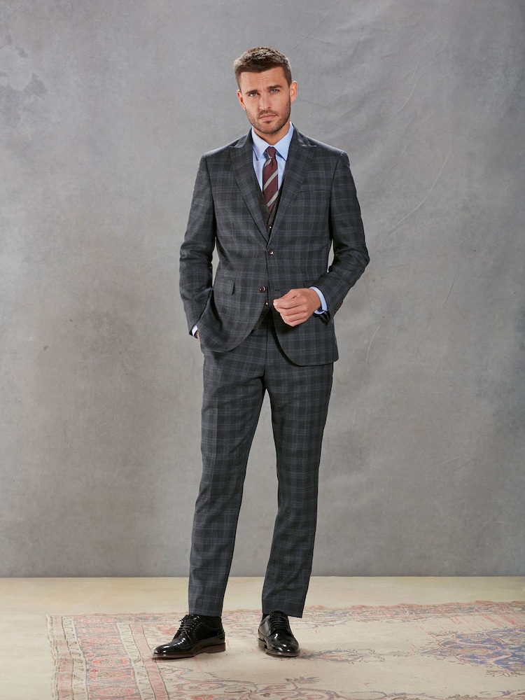 Charcoal Grey Slim Charcoal Grey Slim Signature Marzotto Italian Fabric Check Suit Jacket - Image 2 of 11