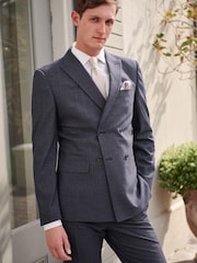 Navy Blue Wool Blend Check Suit Jacket - Image 1 of 11