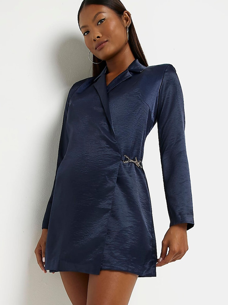 River Island Navy Blue Petite Satin Blazer Dress - Image 1 of 4 River Island Navy Blue Petite Satin Blazer Dress - Image 1 of 4