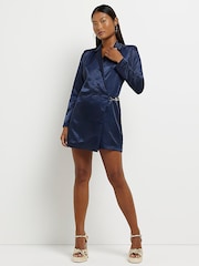 River Island Navy Blue Petite Satin Blazer Dress - Image 3 of 4