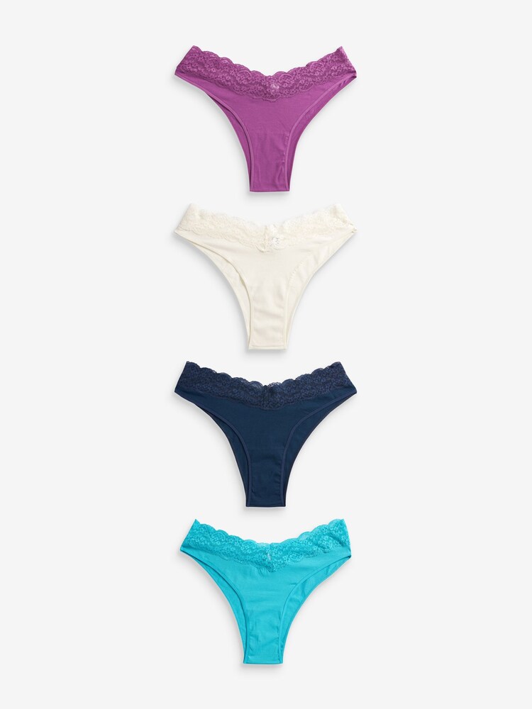 Marineblau/Aquablau/Violett/Creme - Slips aus Baumwollmischung mit Spitzenbesatz im 4er-Pack - Bild 1 von 9