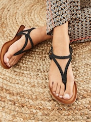 Black Regular/Wide Fit Forever Comfort® Leather Plait Toe Post Flat Sandals - Image 1 of 7