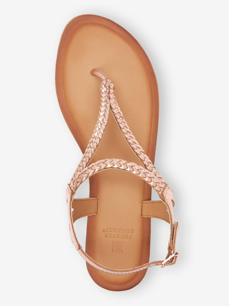 Rose Gold Regular/Wide Fit Forever Comfort® Leather Plait Toe Post Flat Sandals - Image 8 of 11