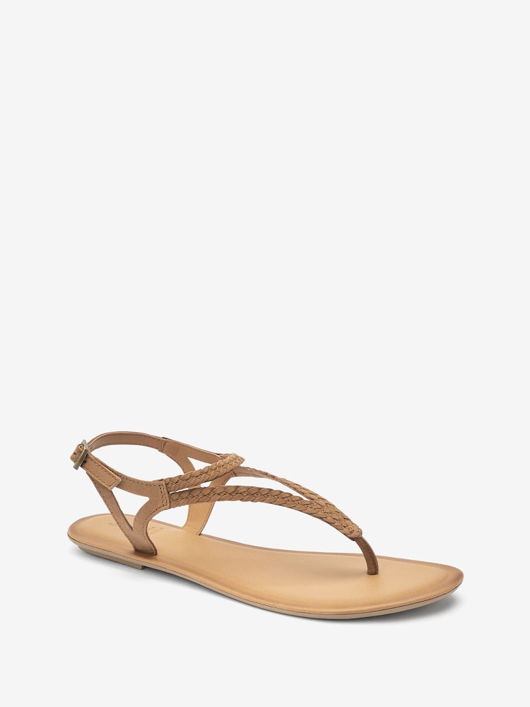 Tan Brown Standard/Wide Fit Forever Comfort® Leather Plait Toe Post Flat Sandals - Image 4 of 6