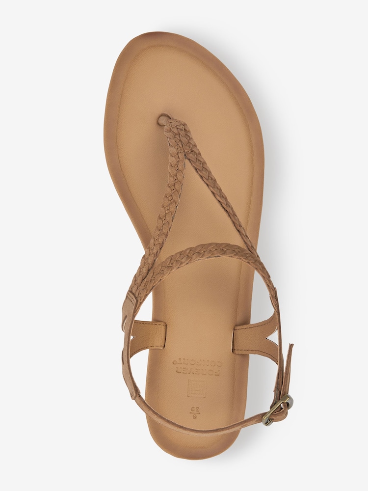 Tan Brown Standard/Wide Fit Forever Comfort® Leather Plait Toe Post Flat Sandals - Image 5 of 6