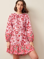 Pink Floral Long Sleeve 100% Cotton Summer Mini Dress - Image 1 of 5